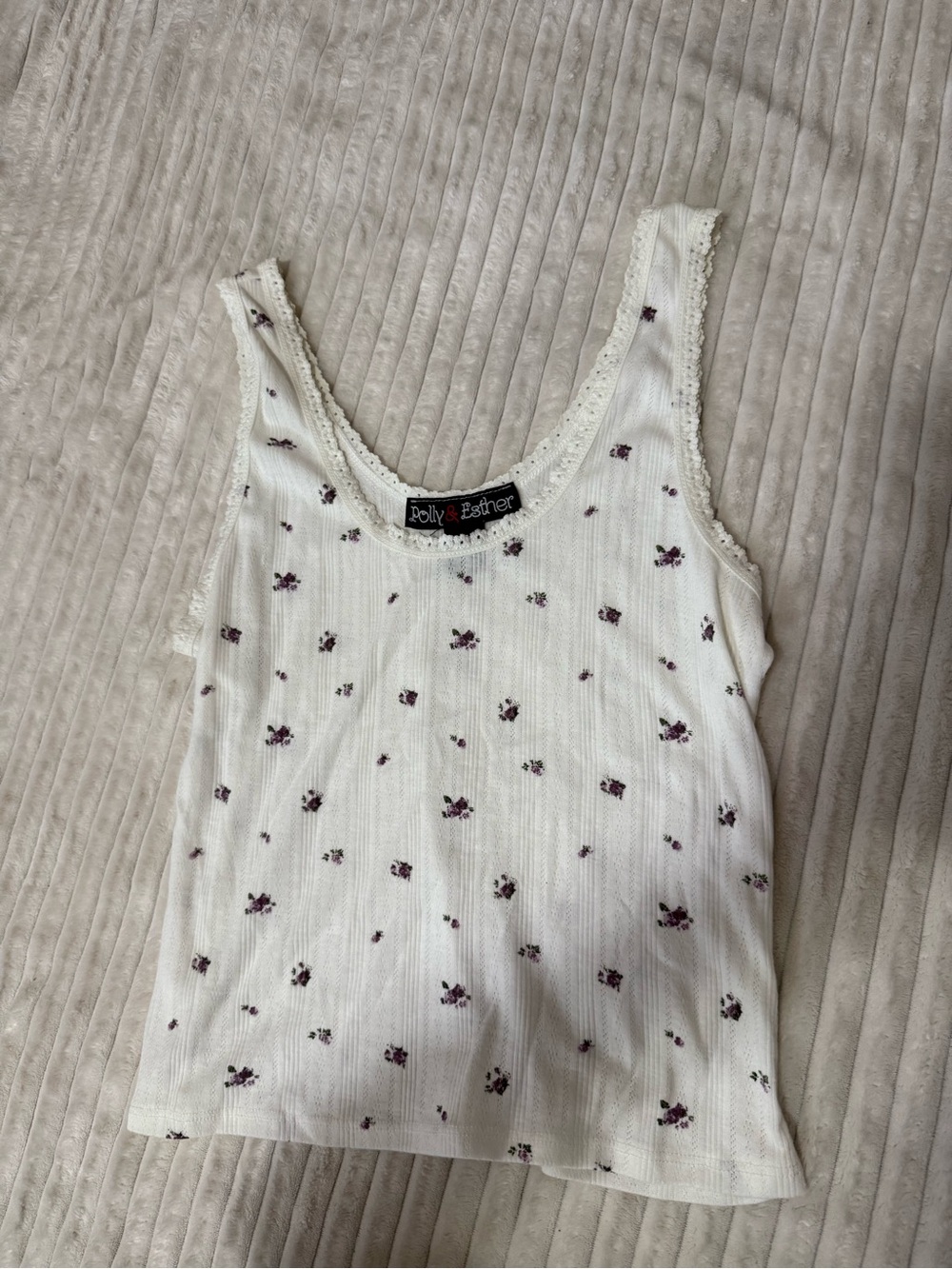Polly & Esther Cream Ribbed Tank with Small Purple Floral Print